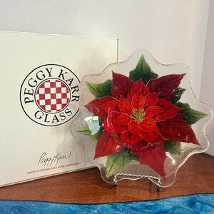 Peggy Karr Fused Glass Poinsettia 10" Scalloped Edge Bowl Dish with Box